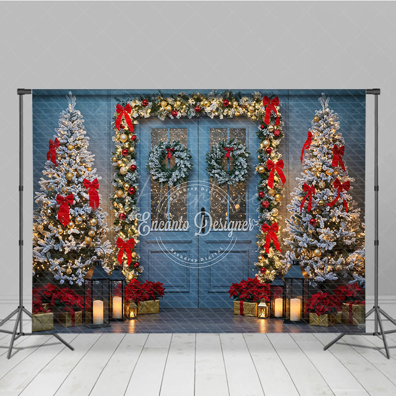 Aperturee - Aperturee Elegant Christmas Door Photography Backdrop Blue Door in Snow with Garland Winter Holiday Photo Background