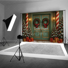 Aperturee - Aperturee Elegant Christmas Door Photography Backdrop Candy Cane Columns with Trees Holiday Front Porch Photo Background