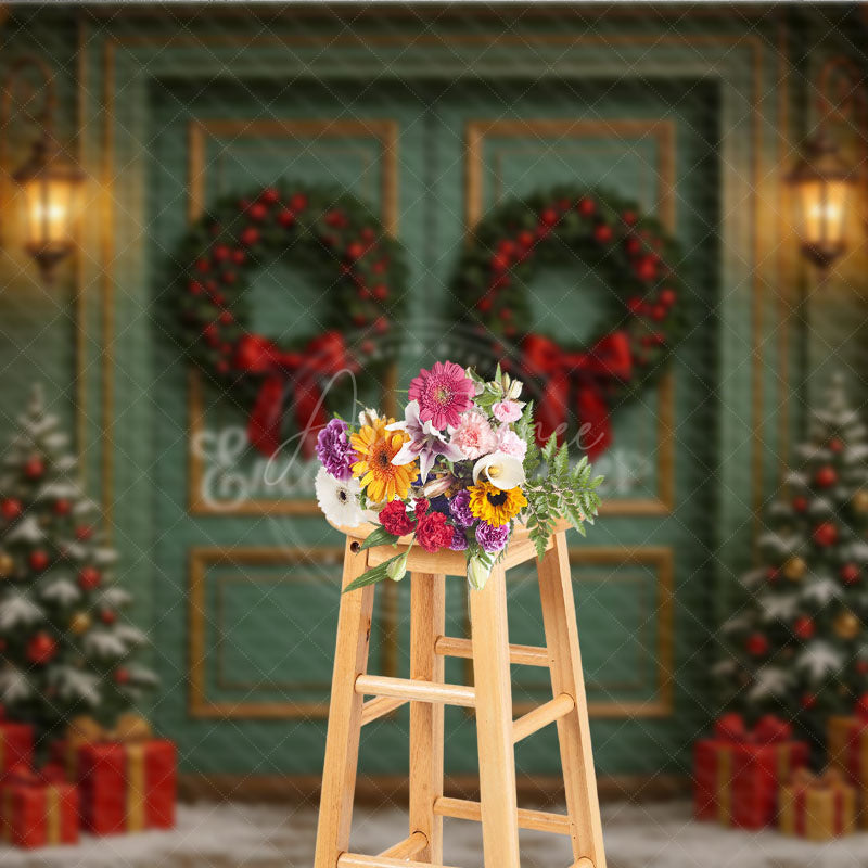 Aperturee - Aperturee Elegant Christmas Door Photography Backdrop Candy Cane Columns with Trees Holiday Front Porch Photo Background