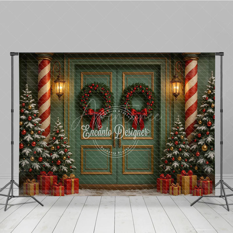 Aperturee - Aperturee Elegant Christmas Door Photography Backdrop Candy Cane Columns with Trees Holiday Front Porch Photo Background