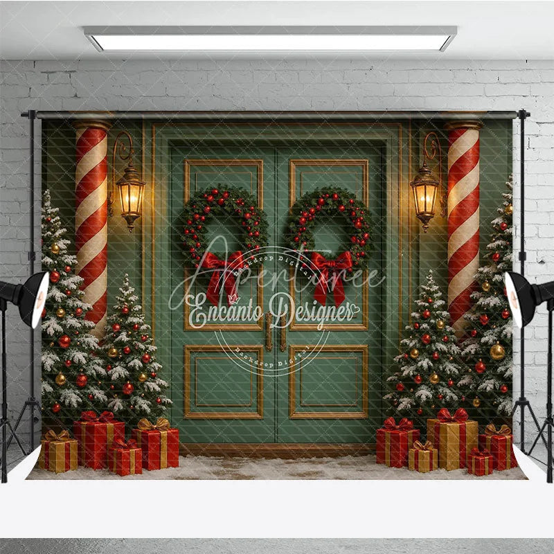 Aperturee - Aperturee Elegant Christmas Door Photography Backdrop Candy Cane Columns with Trees Holiday Front Porch Photo Background