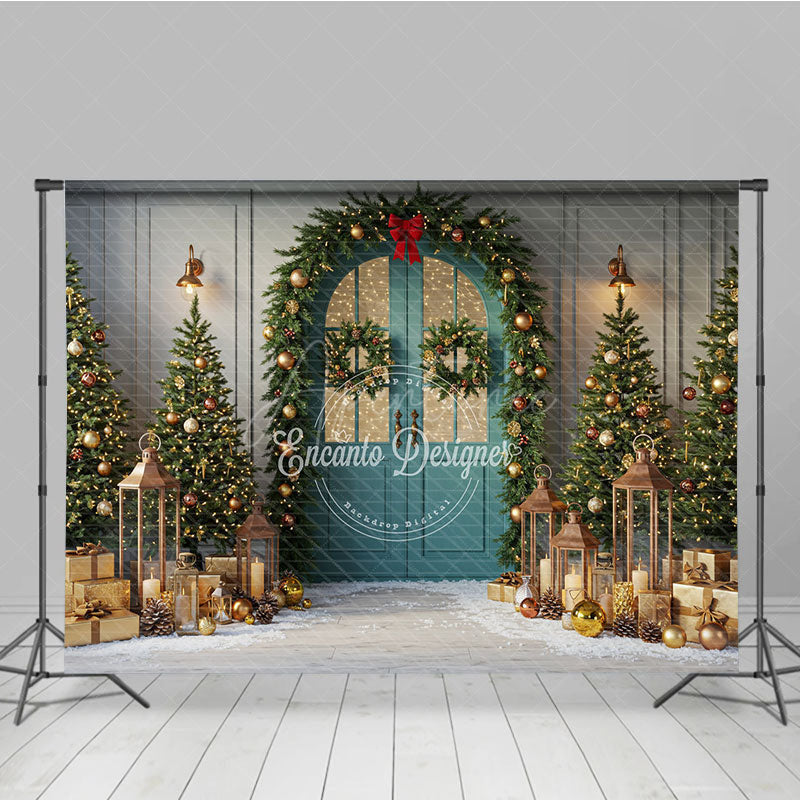 Aperturee - Aperturee Elegant Christmas Door Photography Backdrop Garland and Lanterns in Snow Holiday Mini Session Background