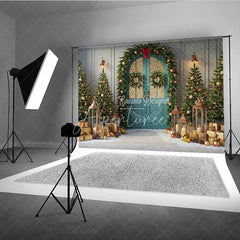 Aperturee - Aperturee Elegant Christmas Door Photography Backdrop Garland and Lanterns in Snow Holiday Mini Session Background