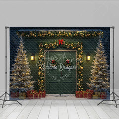Aperturee - Aperturee Elegant Christmas Door Photography Backdrop Green Door with Gold Garland Snowy Holiday Photo Background