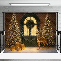 Aperturee - Aperturee Elegant Christmas Door Photography Backdrop Green Door with Gold Reindeer Snowy Holiday Mini Session Background