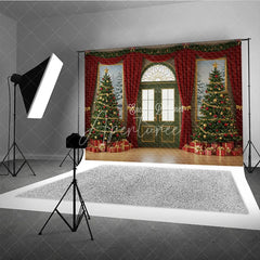 Aperturee - Aperturee Elegant Christmas Door Photography Backdrop Green Door with Red Curtains Classic Holiday Photo Background