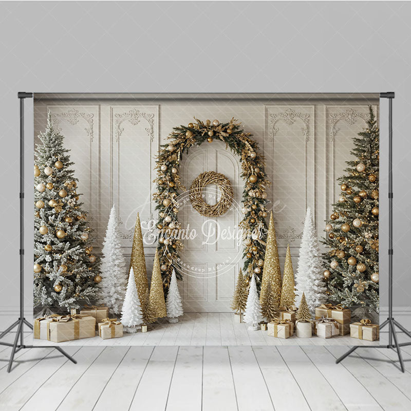 Aperturee - Aperturee Elegant Christmas Doorway Photography Backdrop Gold Garland Arch with Flocked Trees Classic Holiday Photo Background