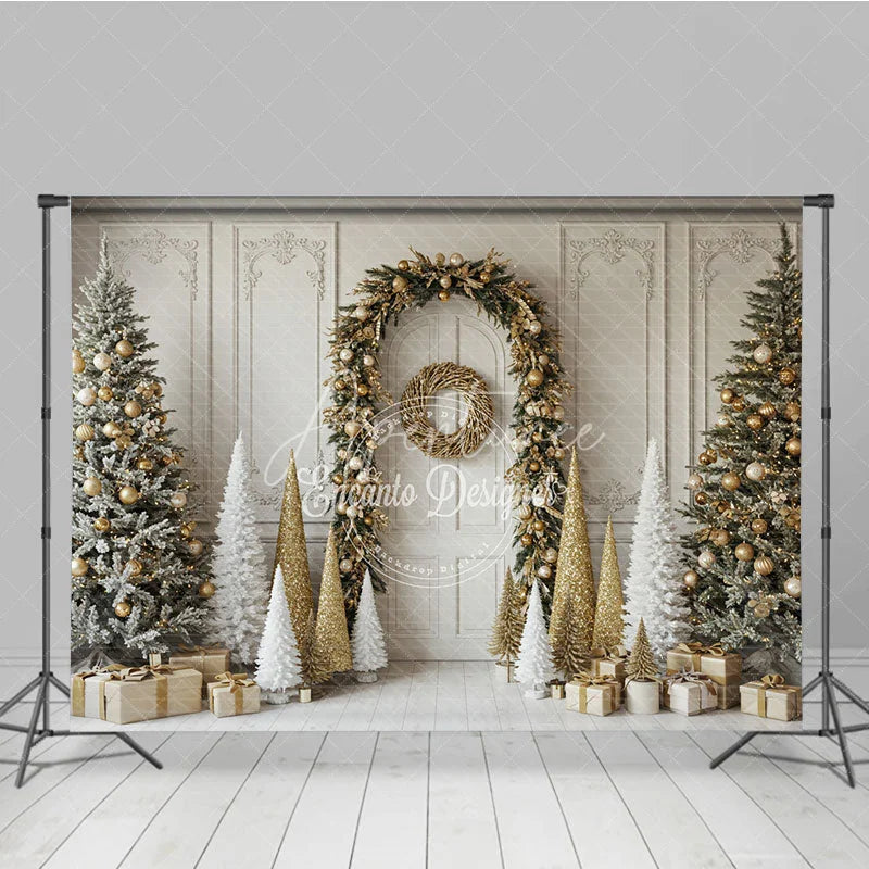 Aperturee - Aperturee Elegant Christmas Doorway Photography Backdrop Gold Garland Arch with Flocked Trees Classic Holiday Photo Background