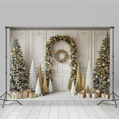 Aperturee - Aperturee Elegant Christmas Doorway Photography Backdrop Gold Garland Arch with Flocked Trees Classic Holiday Photo Background