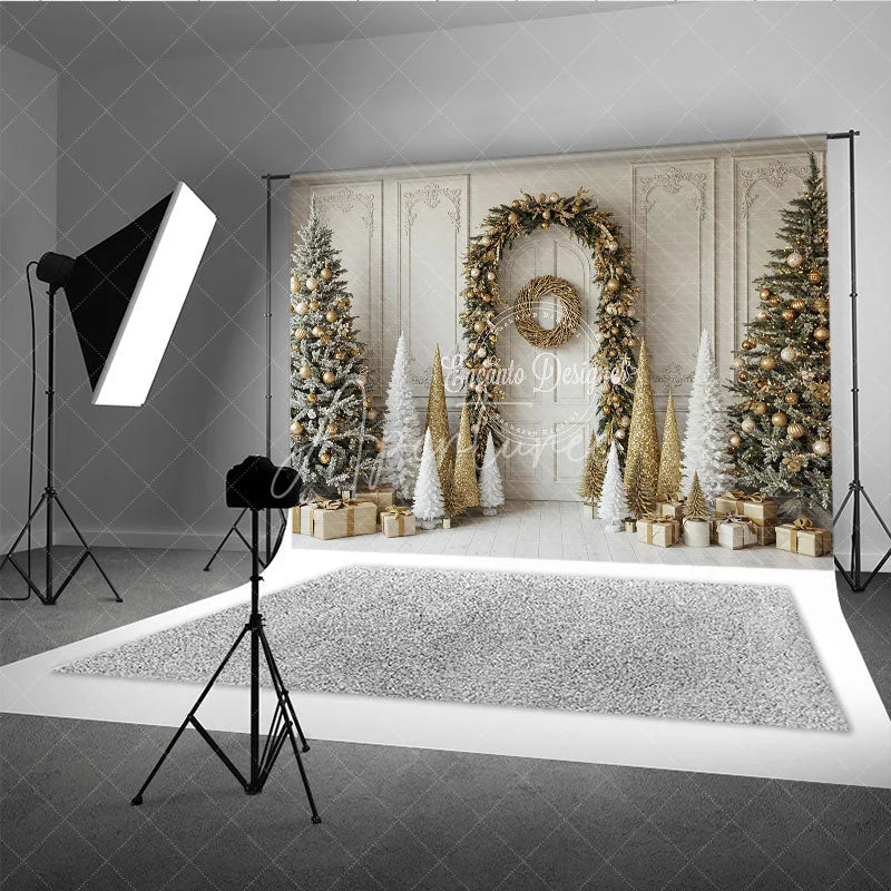 Aperturee - Aperturee Elegant Christmas Doorway Photography Backdrop Gold Garland Arch with Flocked Trees Classic Holiday Photo Background