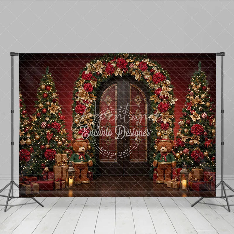 Aperturee - Aperturee Elegant Christmas Doorway Photography Backdrop Red and Gold Poinsettia Arch Holiday Photo Background with Bears