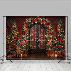 Aperturee - Aperturee Elegant Christmas Doorway Photography Backdrop Red and Gold Poinsettia Arch Holiday Photo Background with Bears