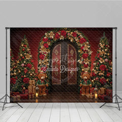 Aperturee - Aperturee Elegant Christmas Doorway Photography Backdrop Red and Gold Poinsettia Arch Holiday Photo Background with Bears