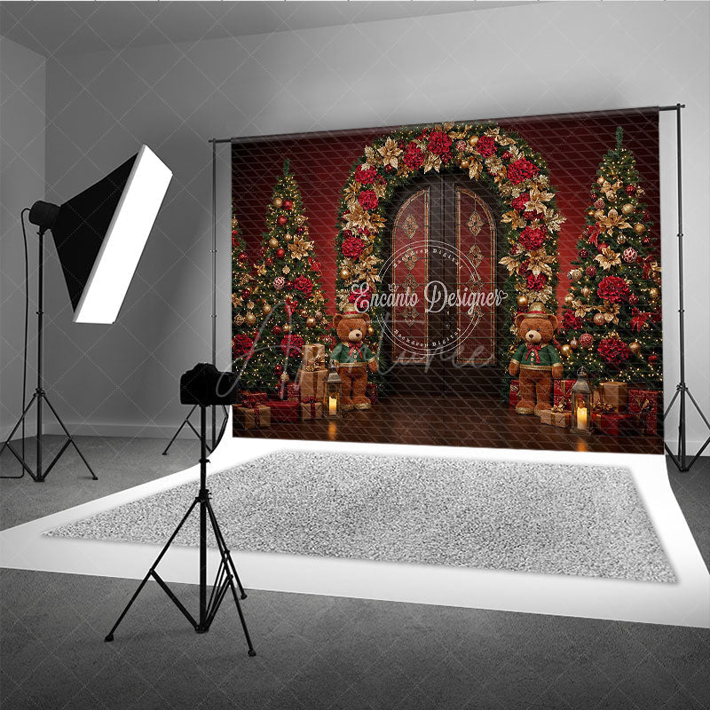 Aperturee - Aperturee Elegant Christmas Doorway Photography Backdrop Red and Gold Poinsettia Arch Holiday Photo Background with Bears