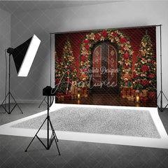 Aperturee - Aperturee Elegant Christmas Doorway Photography Backdrop Red and Gold Poinsettia Arch Holiday Photo Background with Bears