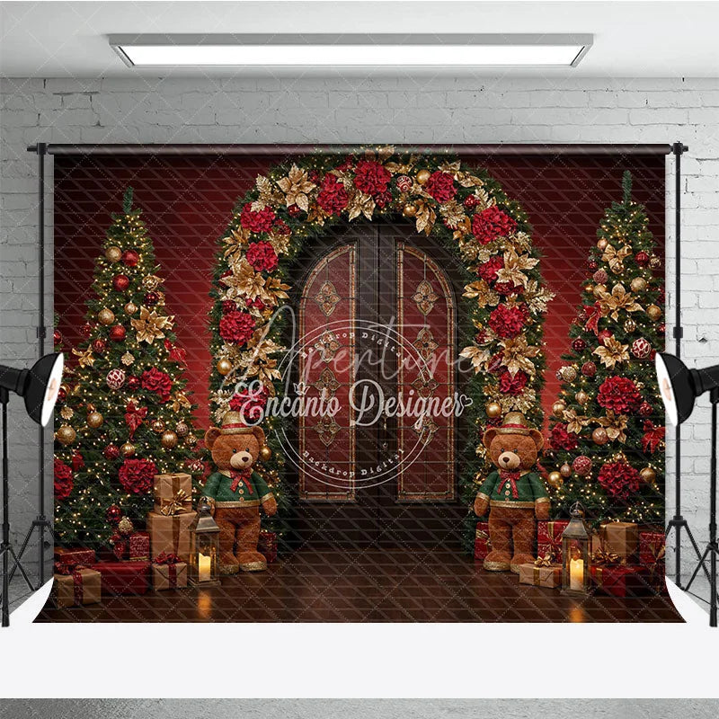 Aperturee - Aperturee Elegant Christmas Doorway Photography Backdrop Red and Gold Poinsettia Arch Holiday Photo Background with Bears