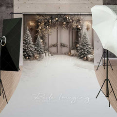 Aperturee Aperturee Elegant Christmas Doorway Sweep Photography Backdrop with Snow Floor Frosted Trees Silver and Gold Holiday Photo Prop