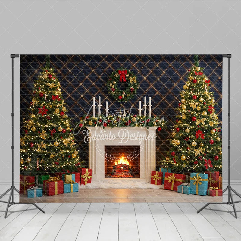 Aperturee - Aperturee Elegant Christmas Fireplace Photography Backdrop Blue Wall with Garland and Trees Holiday Mini Session Background