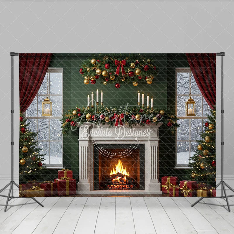 Aperturee - Aperturee Elegant Christmas Fireplace Photography Backdrop Green Wall with Red Curtains Classic Holiday Mini Session Background