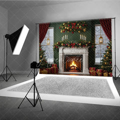 Aperturee - Aperturee Elegant Christmas Fireplace Photography Backdrop Green Wall with Red Curtains Classic Holiday Mini Session Background
