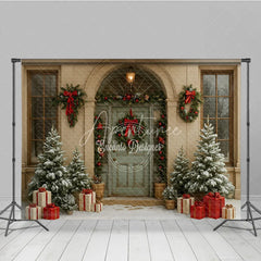 Aperturee - Aperturee Elegant Christmas Front Door Photography Backdrop Green Door with Wreaths Snowy Holiday Photo Background