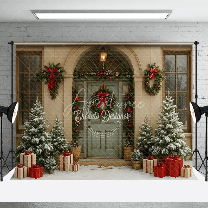 Aperturee - Aperturee Elegant Christmas Front Door Photography Backdrop Green Door with Wreaths Snowy Holiday Photo Background
