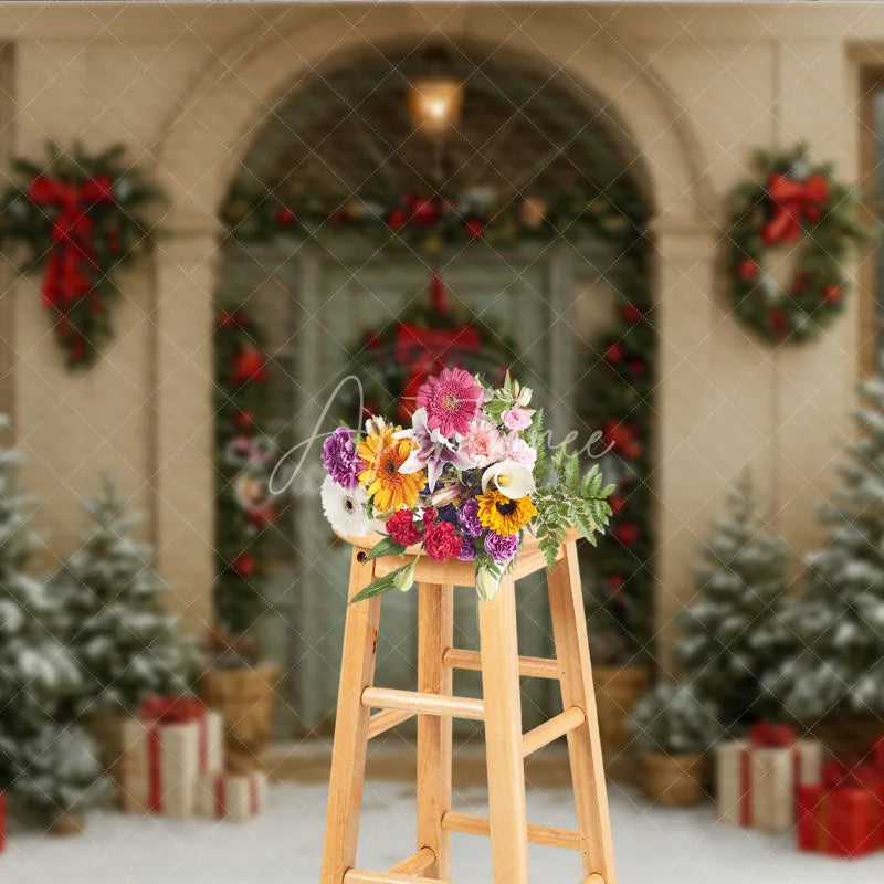 Aperturee - Aperturee Elegant Christmas Front Door Photography Backdrop Green Door with Wreaths Snowy Holiday Photo Background