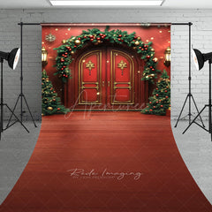 Aperturee Aperturee Elegant Christmas Front Door Sweep Photo Backdrop Red Doors with Garland and Trees Holiday Welcome Home Prop