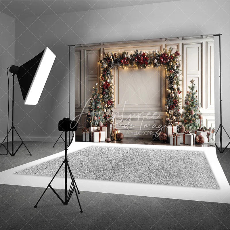 Aperturee - Aperturee Elegant Christmas Garland Arch Photography Backdrop White Wall with Trees Holiday Mini Session Background