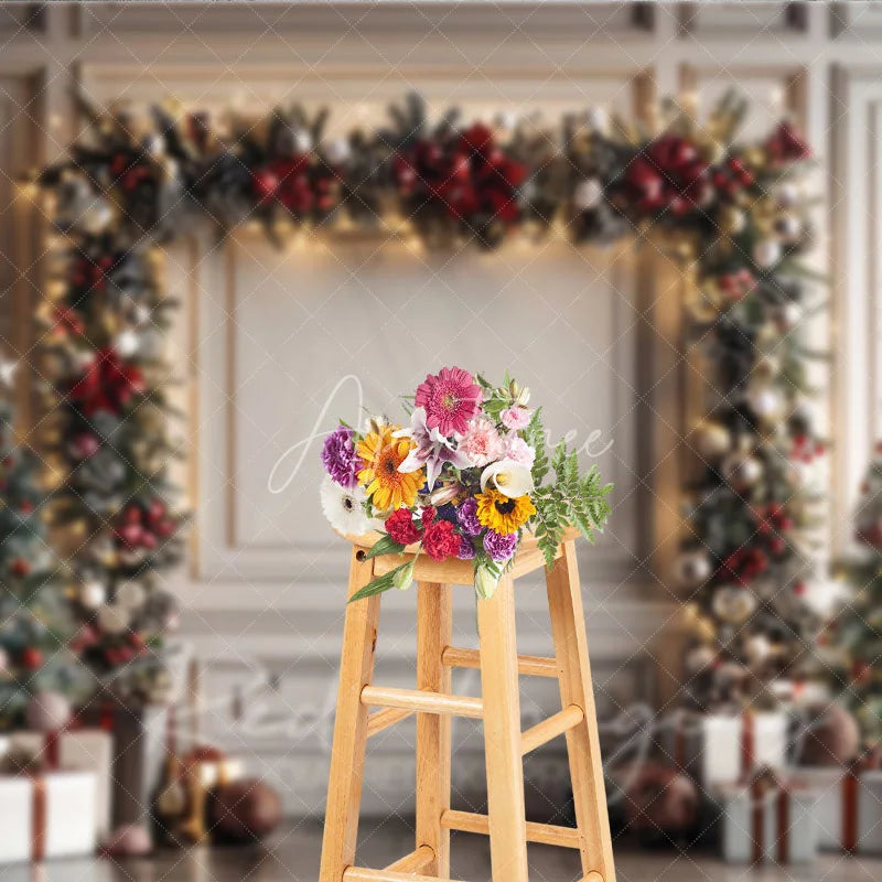 Aperturee - Aperturee Elegant Christmas Garland Arch Photography Backdrop White Wall with Trees Holiday Mini Session Background