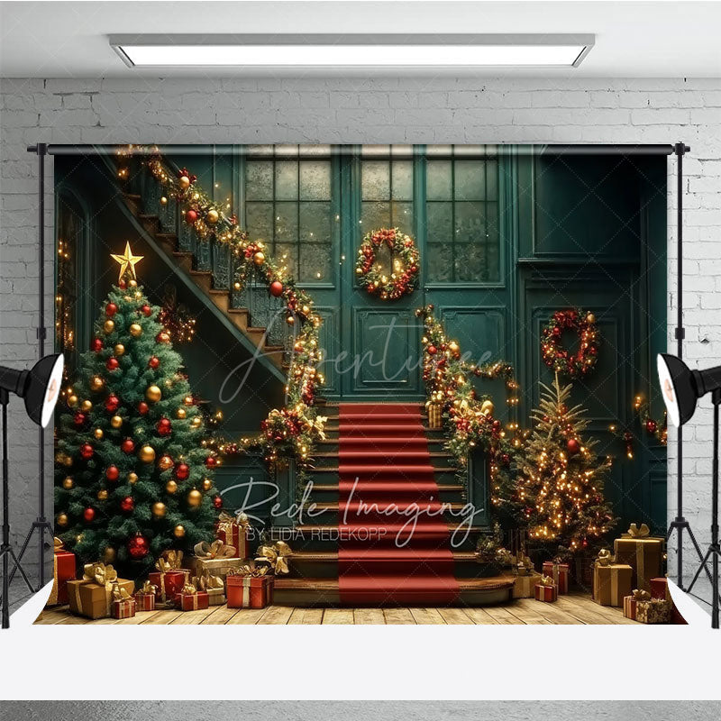 Aperturee - Aperturee Elegant Christmas Grand Staircase Photography Backdrop Red and Gold Garland Holiday Ballroom Photo Background