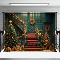 Aperturee - Aperturee Elegant Christmas Grand Staircase Photography Backdrop Red and Gold Garland Holiday Ballroom Photo Background