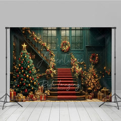 Aperturee - Aperturee Elegant Christmas Grand Staircase Photography Backdrop Red and Gold Garland Holiday Ballroom Photo Background