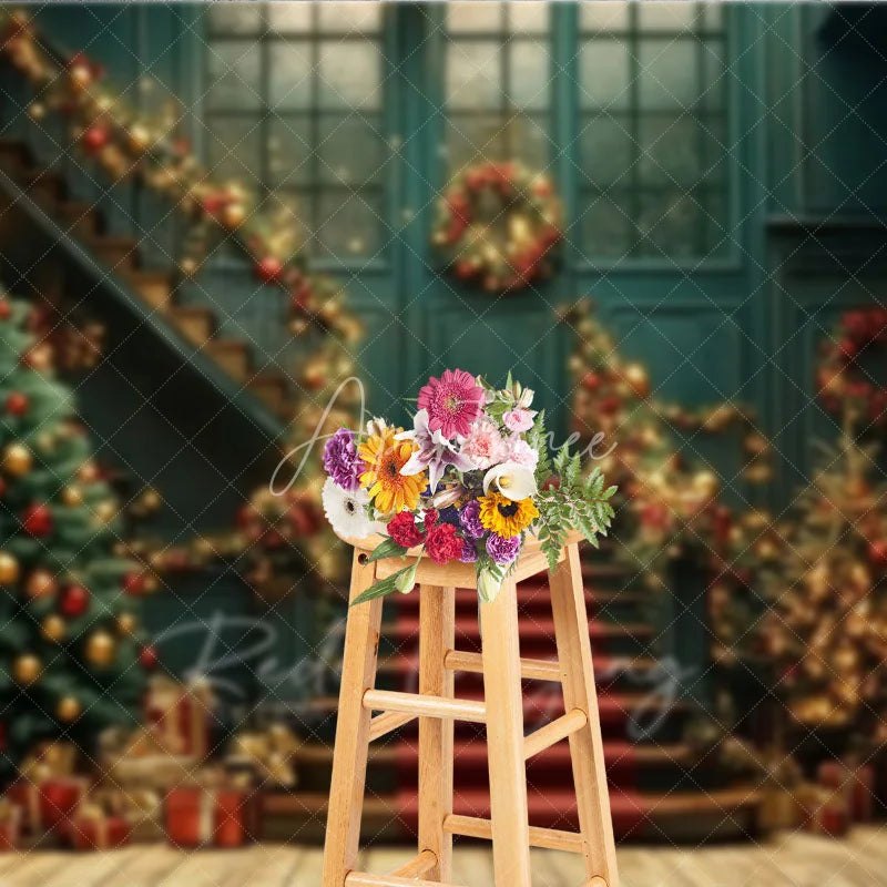 Aperturee - Aperturee Elegant Christmas Grand Staircase Photography Backdrop Red and Gold Garland Holiday Ballroom Photo Background
