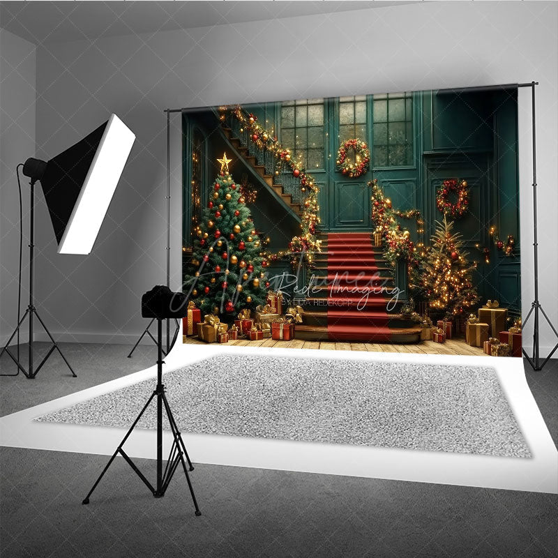 Aperturee - Aperturee Elegant Christmas Grand Staircase Photography Backdrop Red and Gold Garland Holiday Ballroom Photo Background