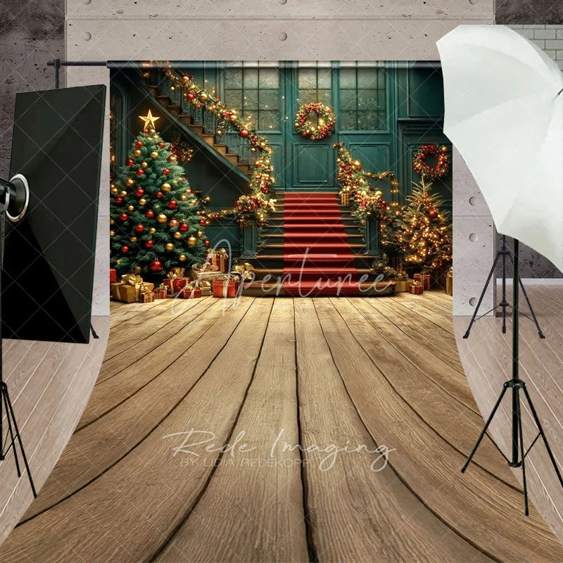 Aperturee - Aperturee Elegant Christmas Grand Staircase Sweep Backdrop Red and Gold Garland Holiday Ballroom Photo Studio Floor Drop