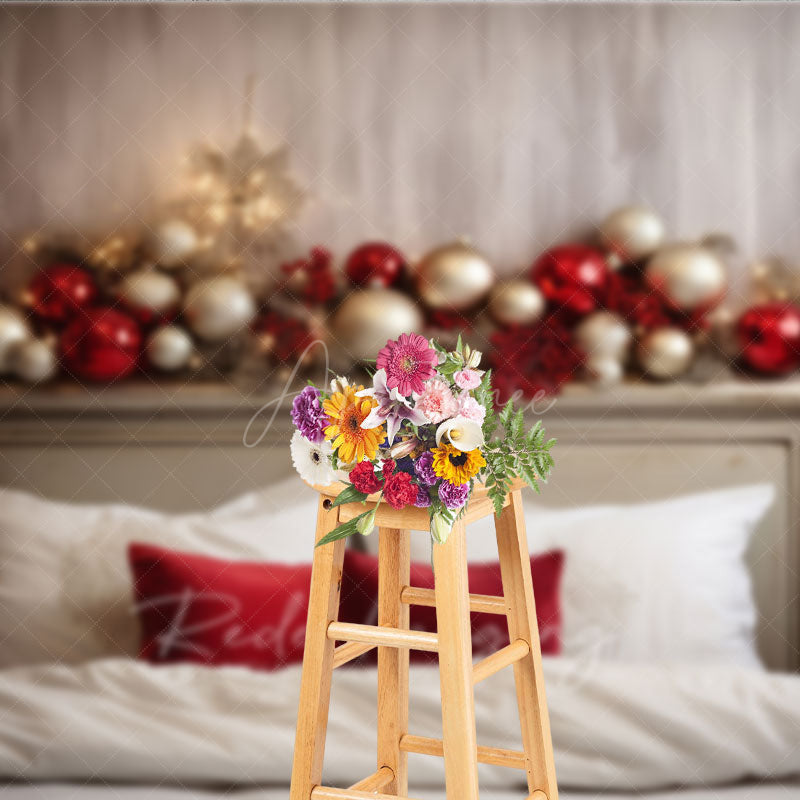 Aperturee Aperturee Elegant Christmas Headboard Photography Backdrop Red and Silver Ornaments with Berries Holiday Bedroom Photo Prop
