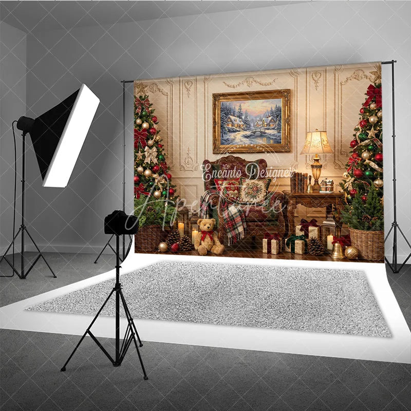 Aperturee - Aperturee Elegant Christmas Holiday Backdrop with Decorated Trees Winter Village Painting and Cozy Armchair Scene