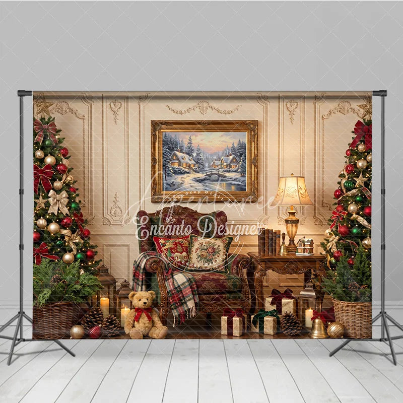 Aperturee - Aperturee Elegant Christmas Holiday Backdrop with Decorated Trees Winter Village Painting and Cozy Armchair Scene