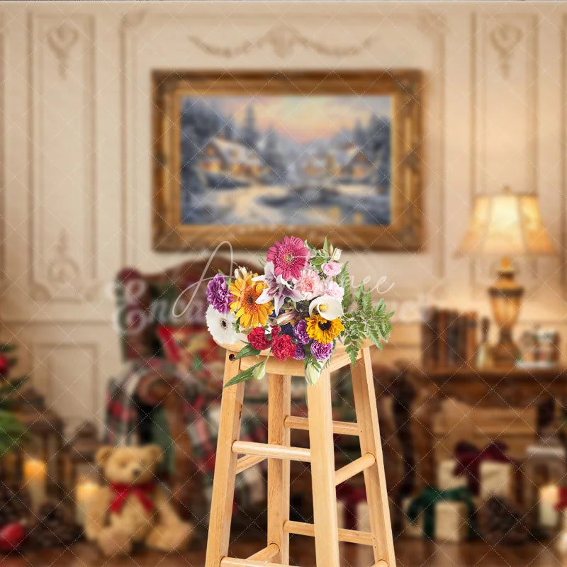 Aperturee - Aperturee Elegant Christmas Holiday Backdrop with Decorated Trees Winter Village Painting and Cozy Armchair Scene