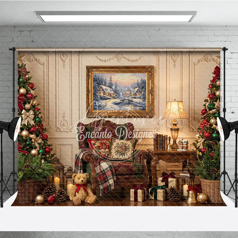 Aperturee - Aperturee Elegant Christmas Holiday Backdrop with Decorated Trees Winter Village Painting and Cozy Armchair Scene