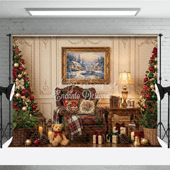 Aperturee - Aperturee Elegant Christmas Holiday Backdrop with Decorated Trees Winter Village Painting and Cozy Armchair Scene