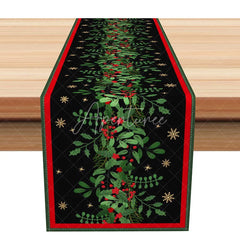 Aperturee - Aperturee Elegant Christmas Holly Berry Table Runner Black with Red Border Formal Holiday Dining Decor