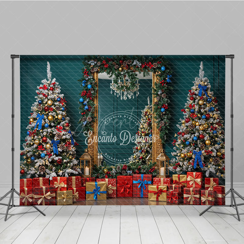 Aperturee - Aperturee Elegant Christmas Mirror Photography Backdrop Red and Blue Ornaments with Garland Classic Holiday Photo Background