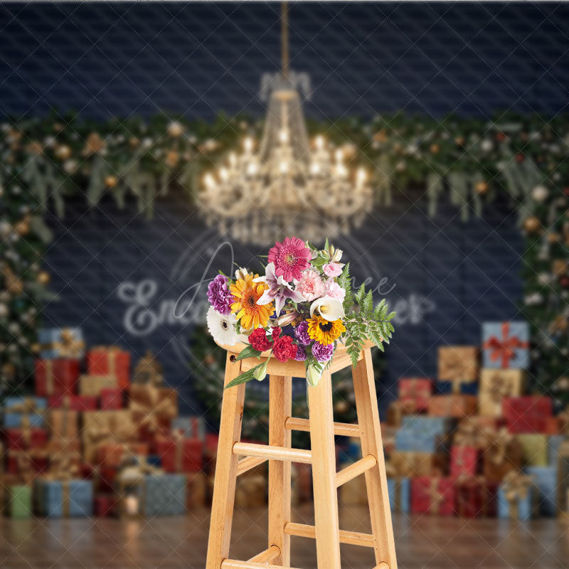 Aperturee - Aperturee Elegant Christmas Photography Backdrop Dark Blue Wall with Garland and Presents Luxury Holiday Photo Background