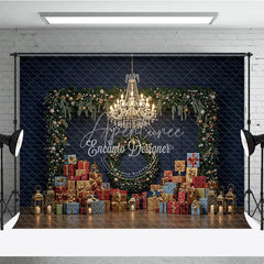 Aperturee - Aperturee Elegant Christmas Photography Backdrop Dark Blue Wall with Garland and Presents Luxury Holiday Photo Background