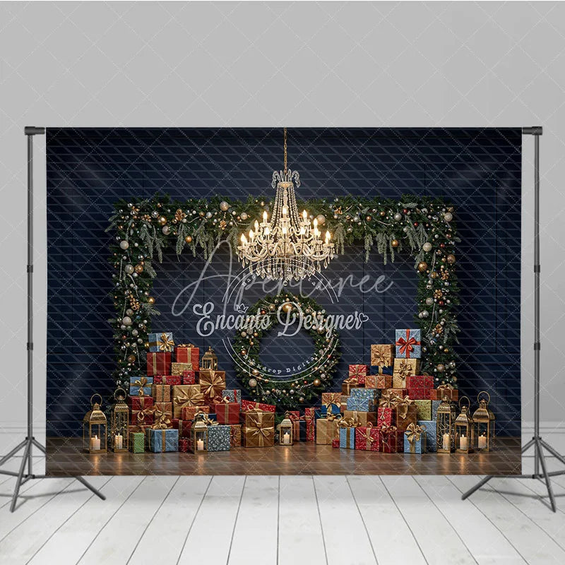 Aperturee - Aperturee Elegant Christmas Photography Backdrop Dark Blue Wall with Garland and Presents Luxury Holiday Photo Background