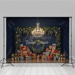 Aperturee - Aperturee Elegant Christmas Photography Backdrop Dark Blue Wall with Garland and Presents Luxury Holiday Photo Background