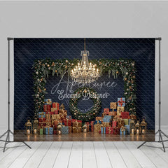 Aperturee - Aperturee Elegant Christmas Photography Backdrop Dark Blue Wall with Garland and Presents Luxury Holiday Photo Background