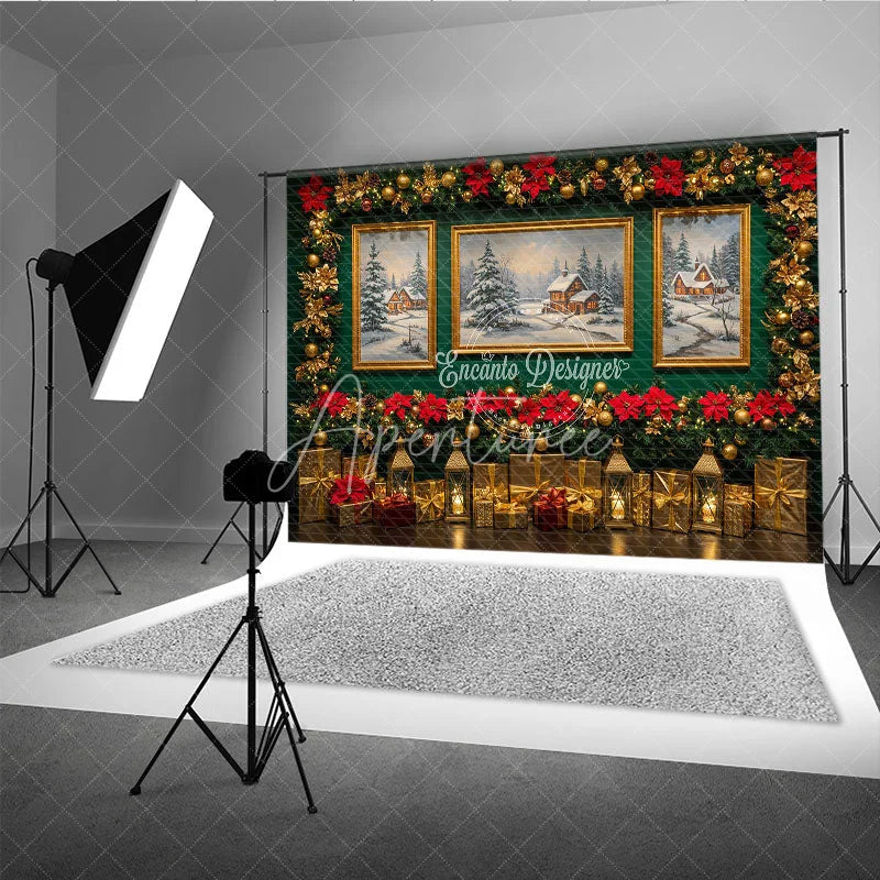 Aperturee - Aperturee Elegant Christmas Photography Backdrop Green Wall with Poinsettia Garland Snowy Landscape Art Background